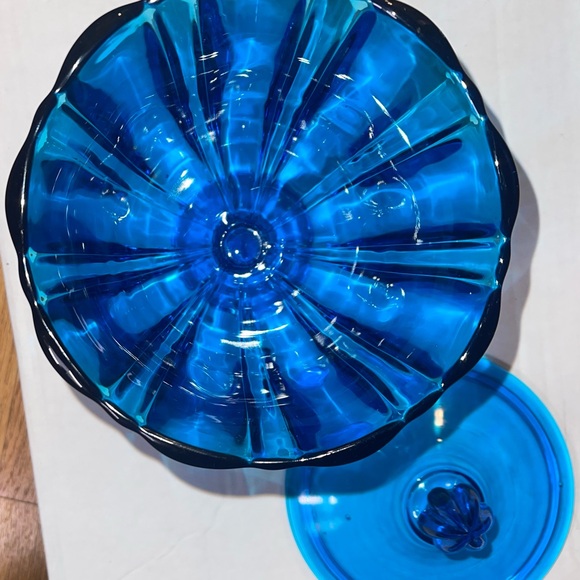 Vintage LE Smith Blue Glass Covered Pedestal Compote Candy Dish w/ Lid 10” EUC - Picture 10 of 14
